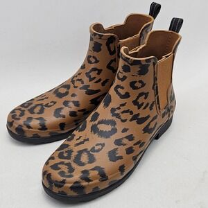 Hunter Original Refined Chelsea Leopard Print Rain Boots Tan Black US 10 UK 8